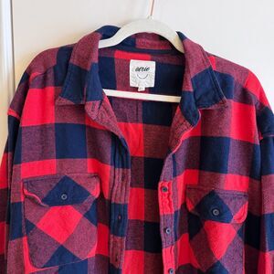 Aerie Lumber Jane Flannel Shirt Red/Navy Blue Buffalo Plaid LS Shirt Size Large
